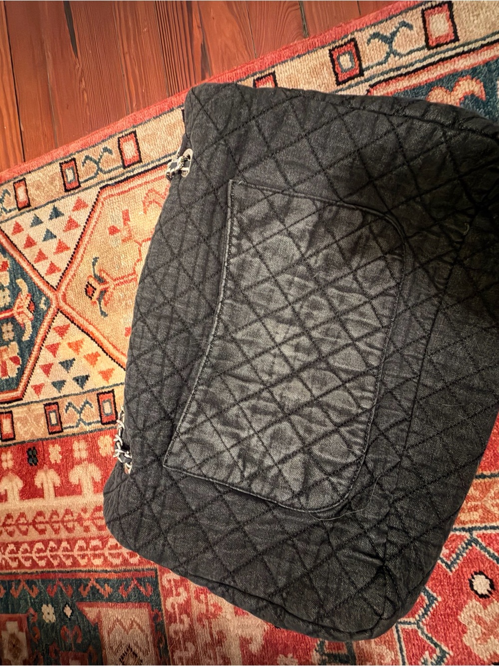 Black Quilted Chain-Handle Shoulder Bag- gray acid wash denim - Picture 2 of 5